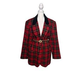 Vintage Wool Blend Red Plaid Blazer Classic 90s Preppy Old Money Aesthetic
